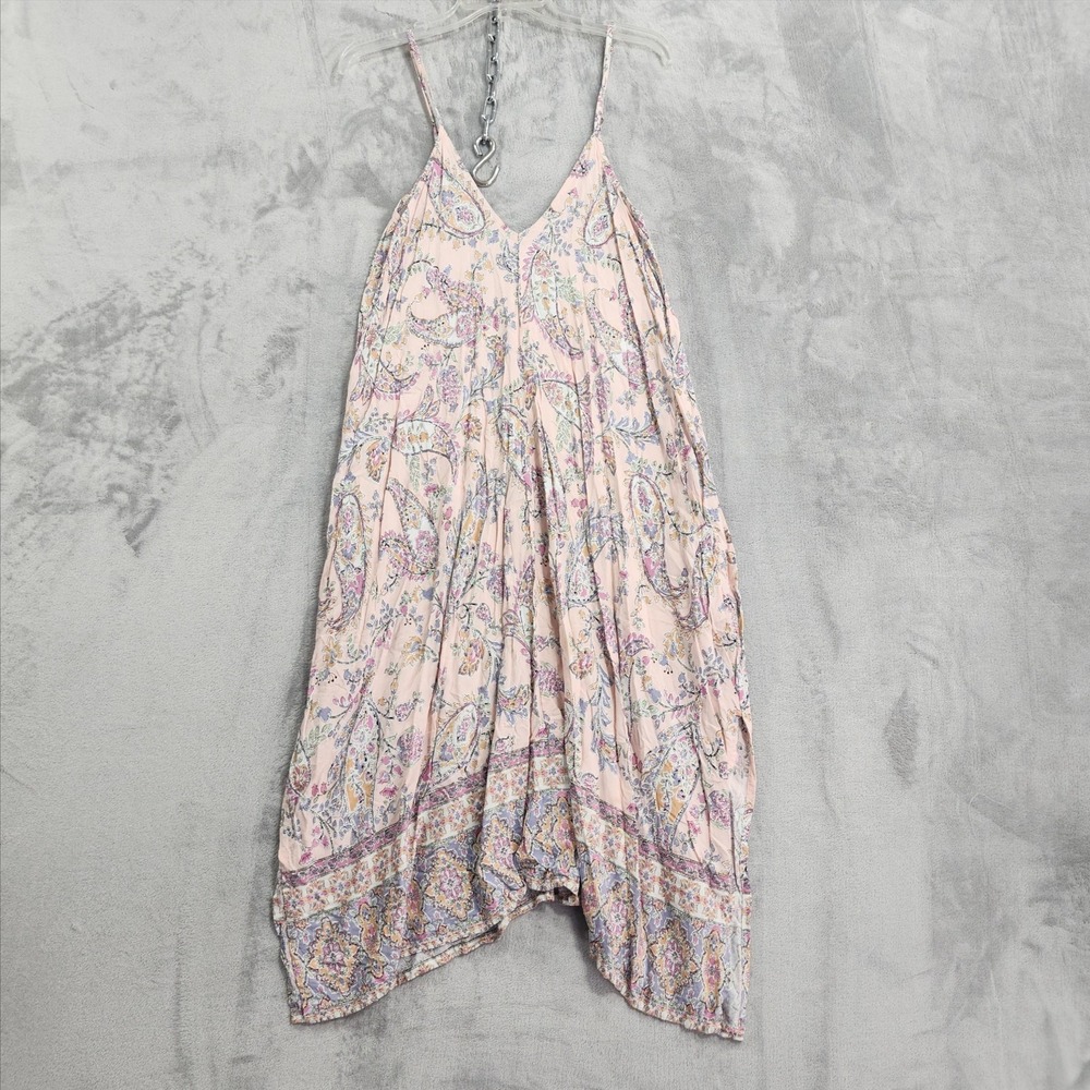 Bali Queen Dress Womens One Size Pink Paisley Pockets Swing Handkerchief Boho